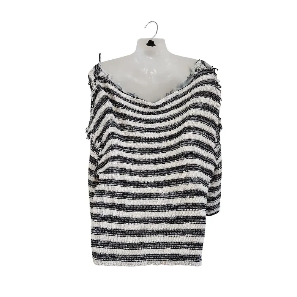 Free People Spells Trouble Stripe Pullover Sweater 3/4 Sleeve Ivory Black Small